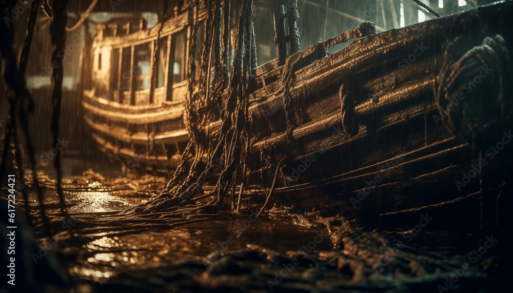 Abandoned sailing ship, rusty and broken, reflects on wet water generated by AI