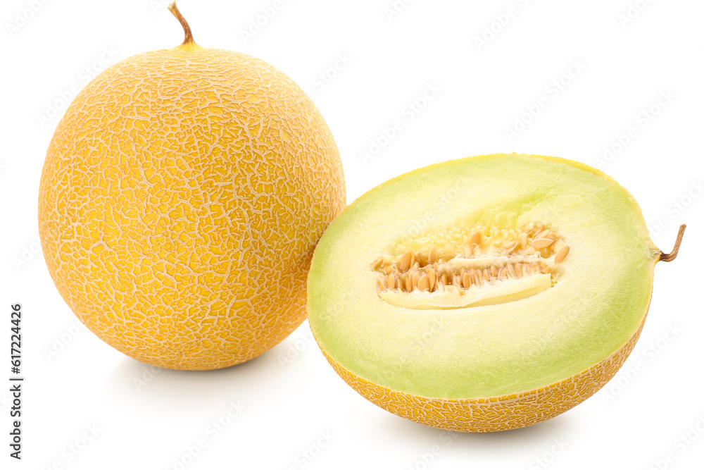 Sweet melon with half on white background