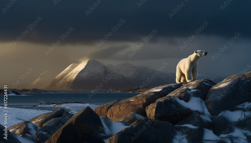 Majestic mammal in arctic landscape, fur glistening in winter frost generated by AI