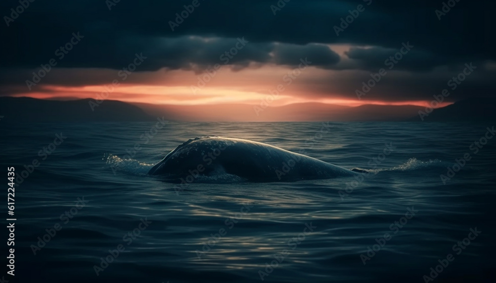 Majestic humpback whale swimming in tranquil seascape at sunset generated by AI