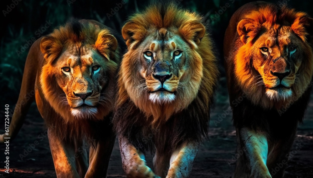 Lion pride walking in a row through African wilderness area generated by AI