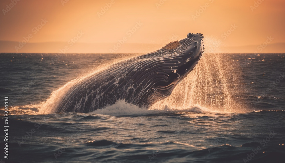 Sunset over the coastline, humpback whale breaching in the spray generated by AI