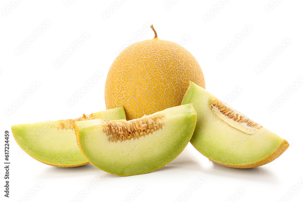 Sweet melon with pieces on white background