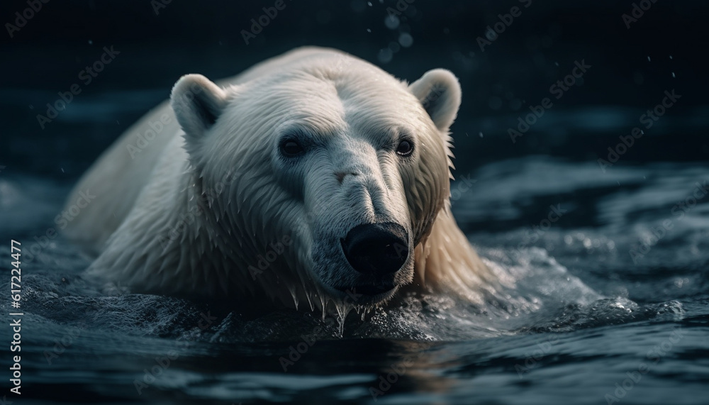 Arctic mammal swimming in tranquil blue water, looking at camera generated by AI