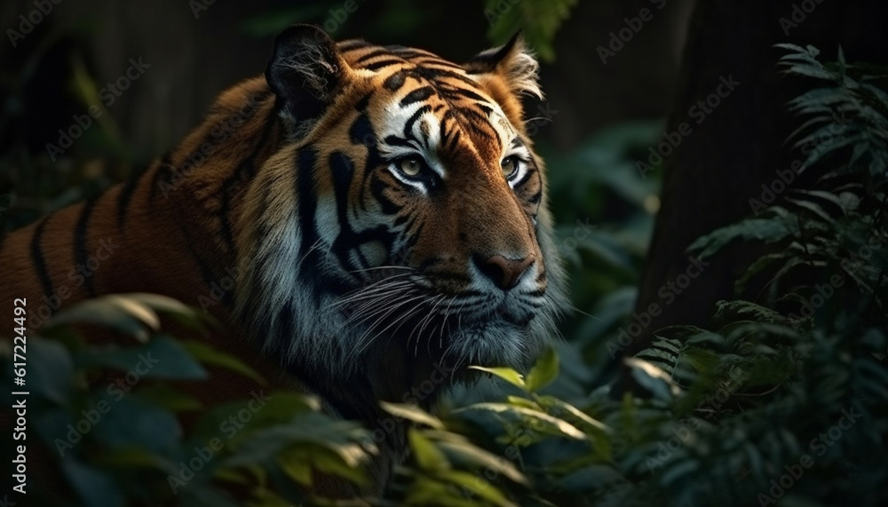 Majestic Bengal tiger staring with aggression in tropical rainforest generated by AI