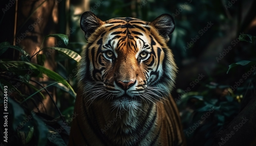 Bengal tiger staring, close up portrait of majestic wildcat walking generated by AI