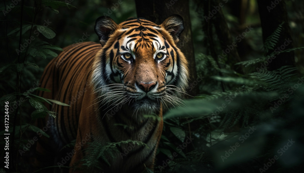 Bengal tiger staring fiercely, its striped fur blending with nature generated by AI