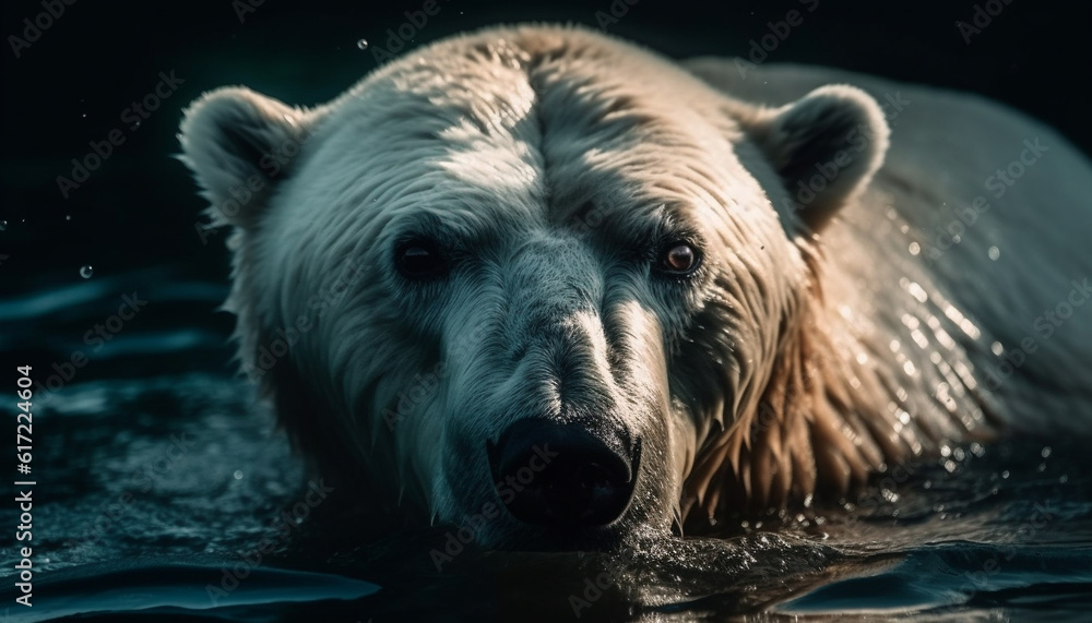 Arctic canine swimming in tranquil pond, looking at camera generated by AI