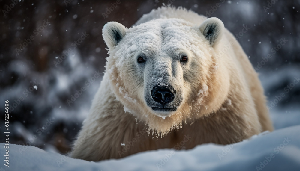 Large arctic mammal walking in snow, looking at camera generated by AI