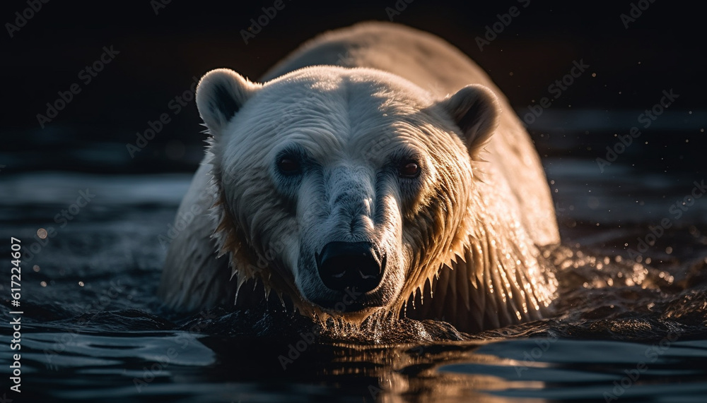 Endangered arctic mammal reflects beauty in tranquil winter pond scene generated by AI