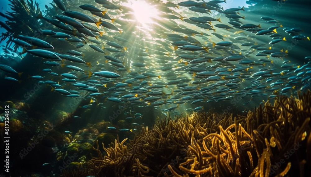 Vibrant school of fish swim in tropical underwater paradise generated by AI