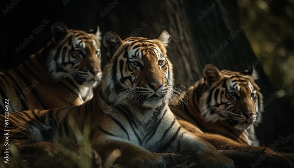 Bengal tiger staring, close up of majestic feline in wild generated by AI