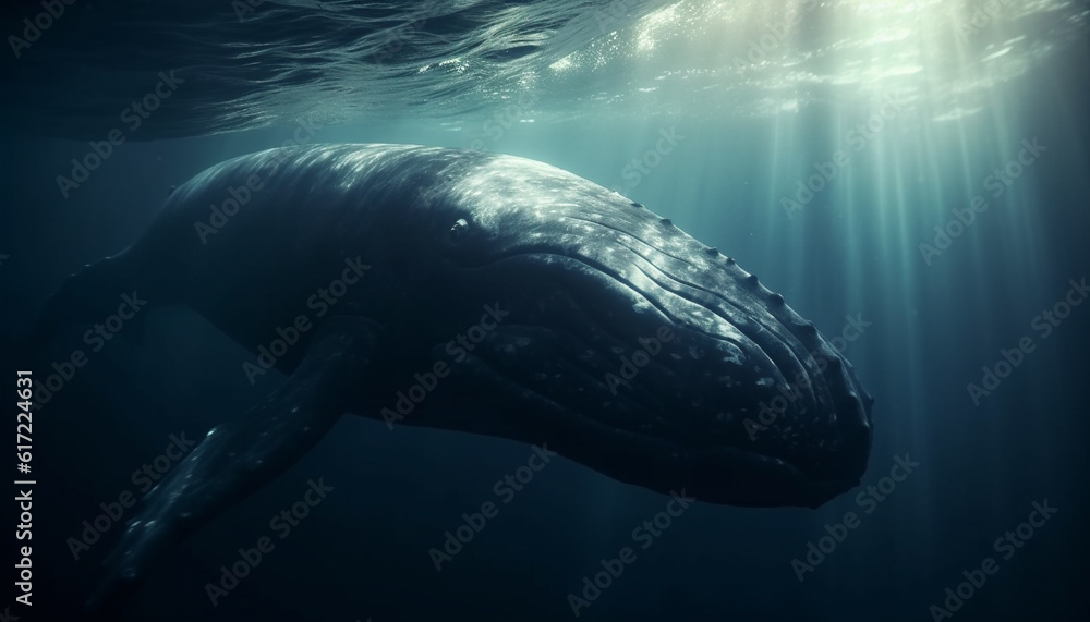 Majestic humpback whale swimming below blue tropical reef wave generated by AI