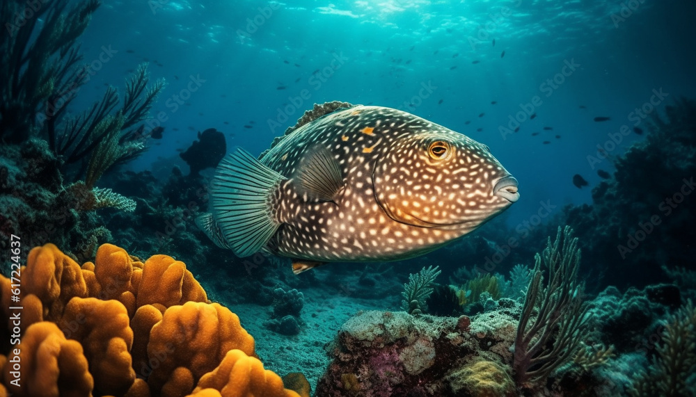 Yellow grouper swimming in motion through multi colored coral reef below generated by AI