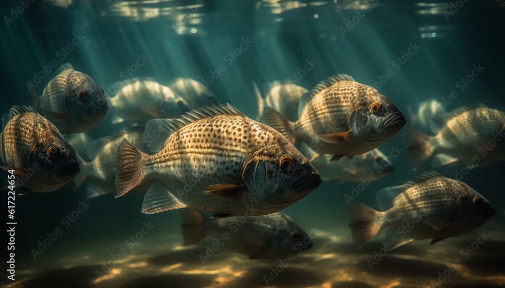 School of fish swimming in deep blue saltwater reef generated by AI