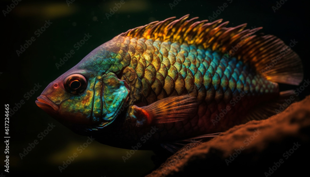 Multi colored fish in tropical reef, close up underwater scuba diving generated by AI