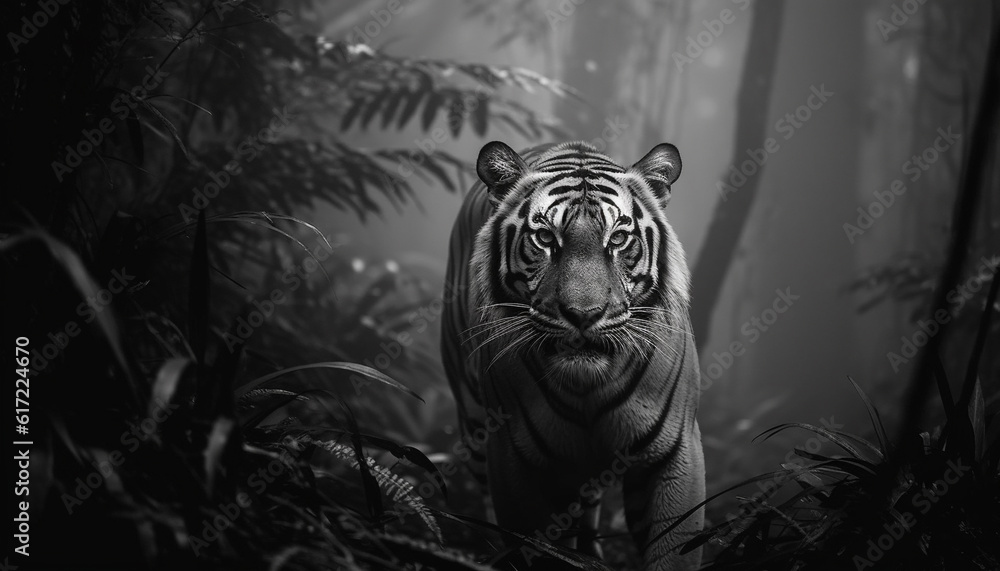 Majestic Bengal tiger walking in tranquil wilderness, staring with aggression generated by AI