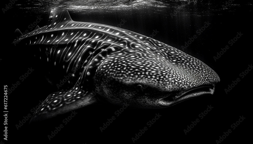 Spotted whale shark swimming in reef, black and white generated by AI