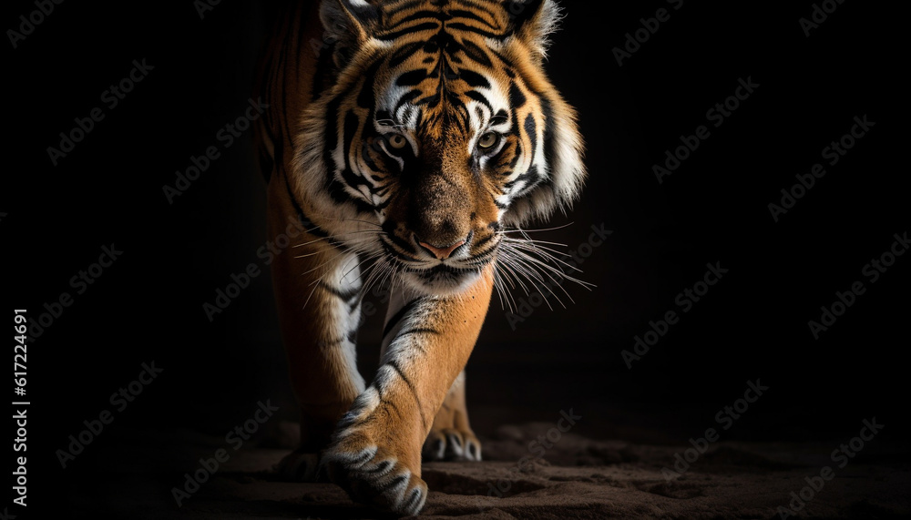 Majestic Bengal tiger walking in tropical rainforest, staring at camera generated by AI