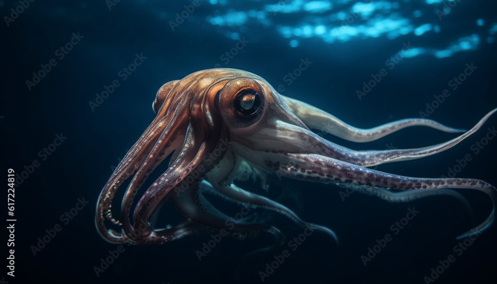 Deep blue sea life Octopus tentacles swim among coral reef generated by AI