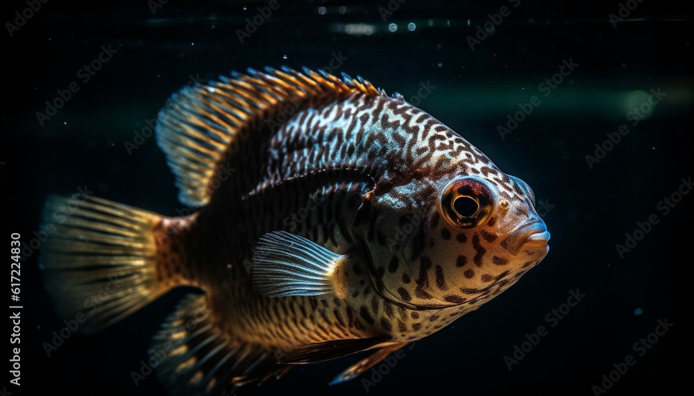 Colorful striped fish swims in beautiful blue reef underwater generated by AI