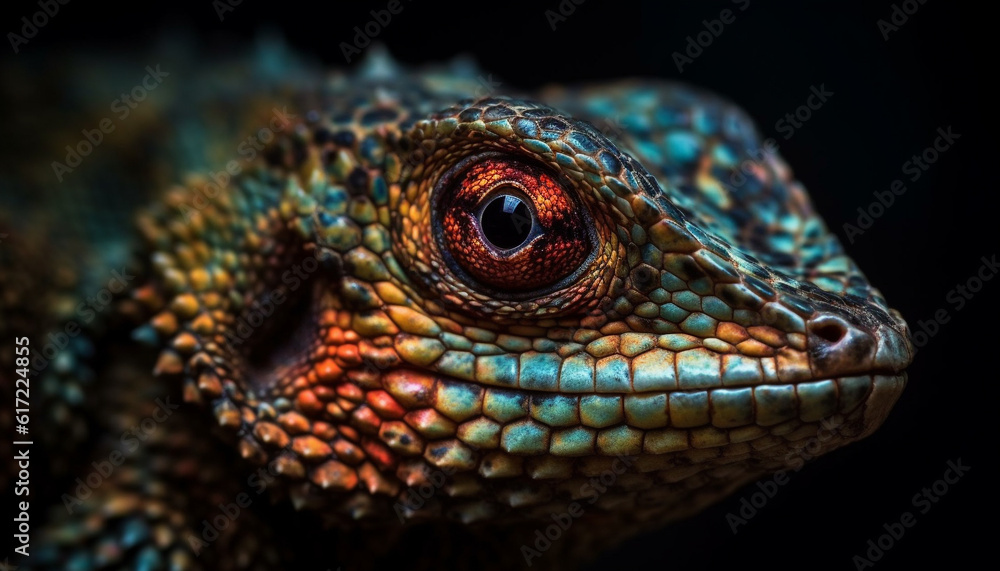 Multi colored gecko tail scales pattern in tropical rainforest background generated by AI