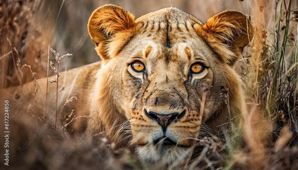 Majestic lion hiding in the wilderness, looking at camera with beauty generated by AI