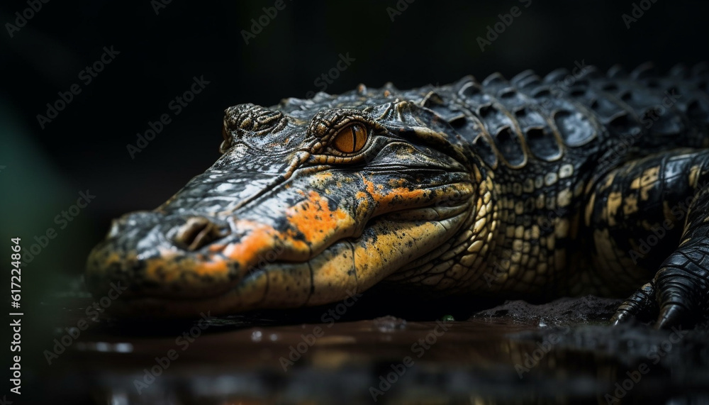 Endangered spectacled caiman rests in tropical swamp, danger lurks generated by AI