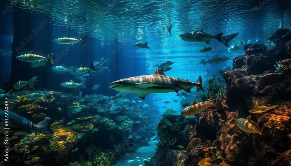 School of fish swimming below colorful coral reef in Caribbean generated by AI