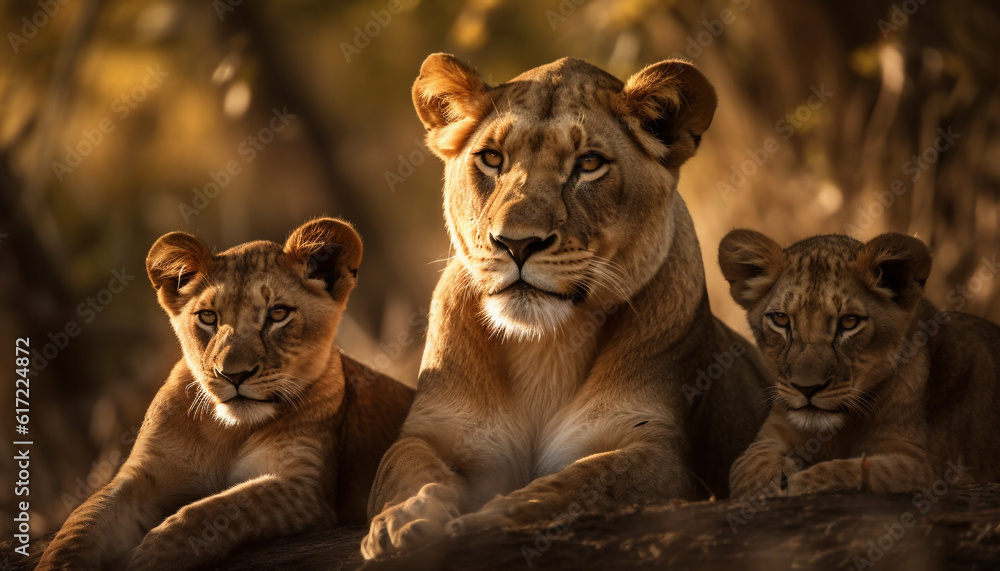 Lioness and cubs in the savannah, majestic beauty in nature generated by AI