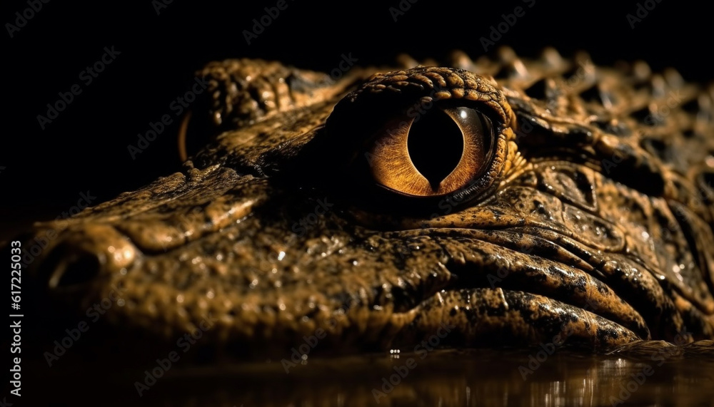 Animal eye staring, close up portrait of crocodile in tropical wetland generated by AI