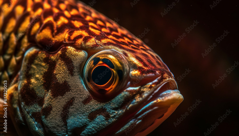 Multi colored fish in close up underwater portrait, beauty in nature generated by AI