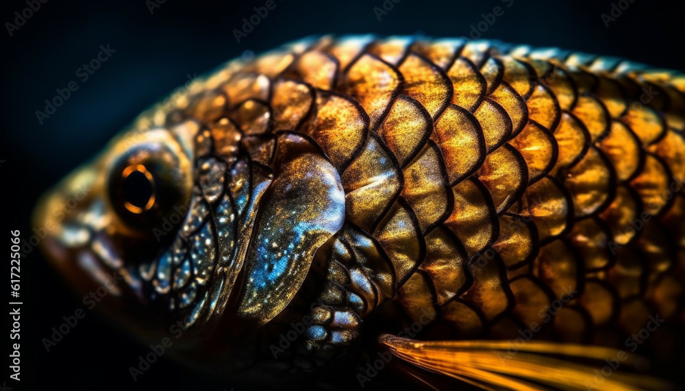 Golden dragon fish scales shimmer in underwater beauty of nature generated by AI