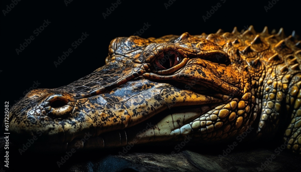 Yellow spectacled caiman teeth and eye in close up portrait generated by AI