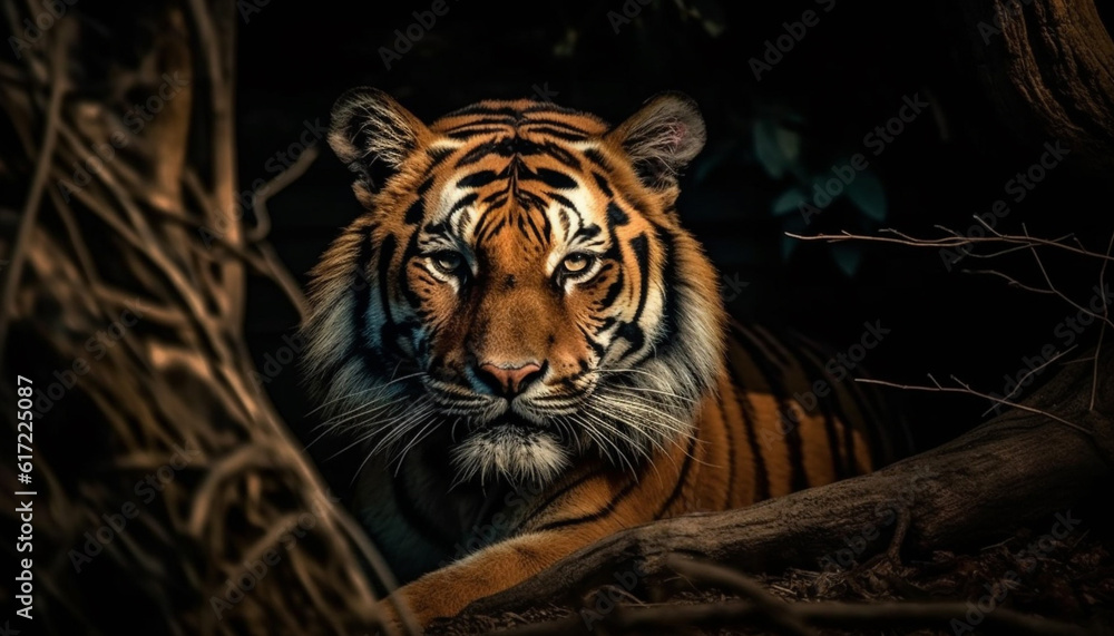 Bengal tiger staring, majestic and aggressive, in tropical rainforest generated by AI