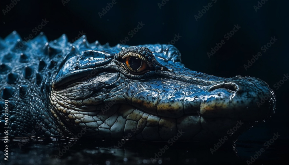 Aggressive crocodile in the dark swamp, close up of animal teeth generated by AI