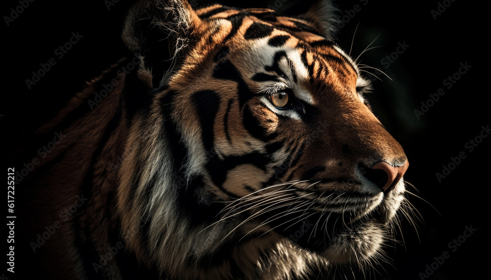 Majestic Bengal tiger staring, close up portrait in tropical rainforest generated by AI