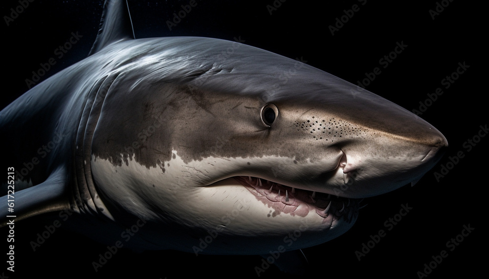 Smiling dolphin, aquatic mammal, underwater portrait, large animal teeth generated by AI