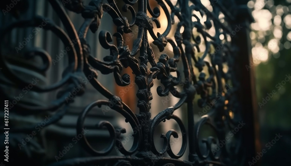 Ornate wrought iron fence with rusty metallic pattern and foliage generated by AI