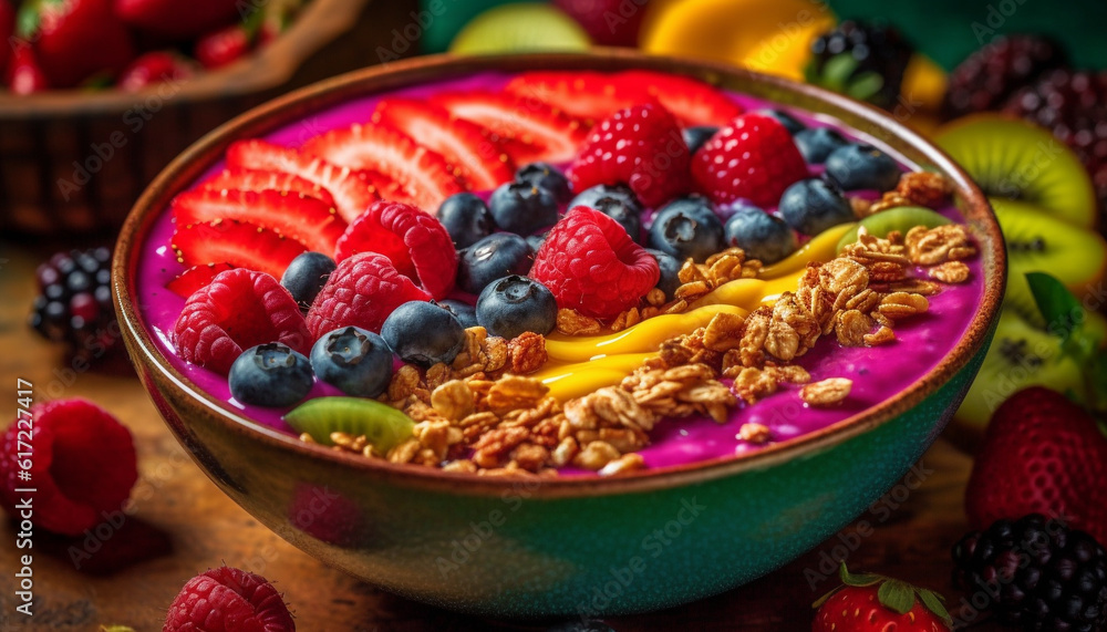 A healthy breakfast bowl with oatmeal, yogurt, and mixed berries generated by AI