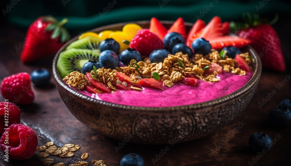 Organic berry bowl with granola, yogurt, and honey refreshment generated by AI