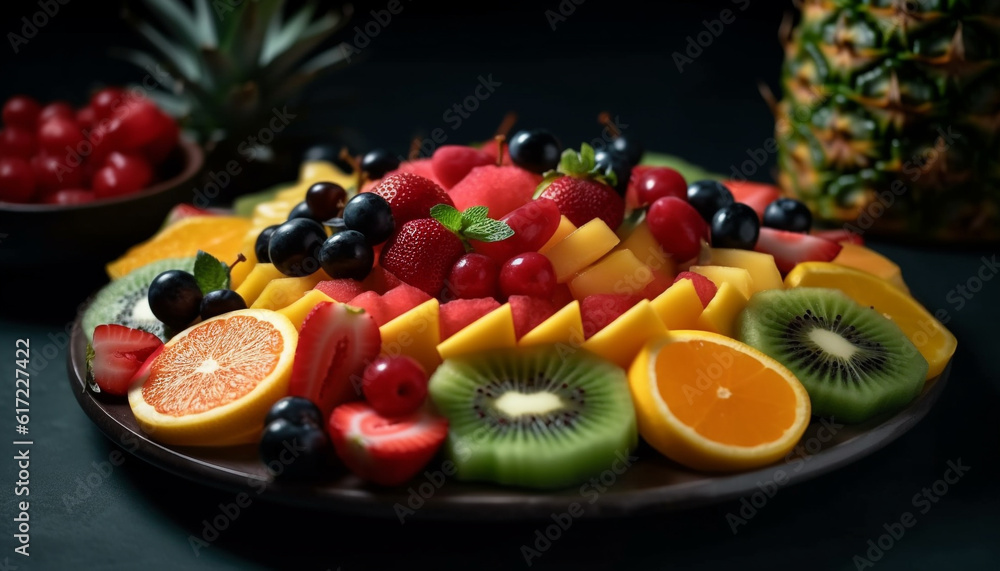 Vibrant fruit salad bowl with organic, healthy, multi colored berries and citrus generated by AI