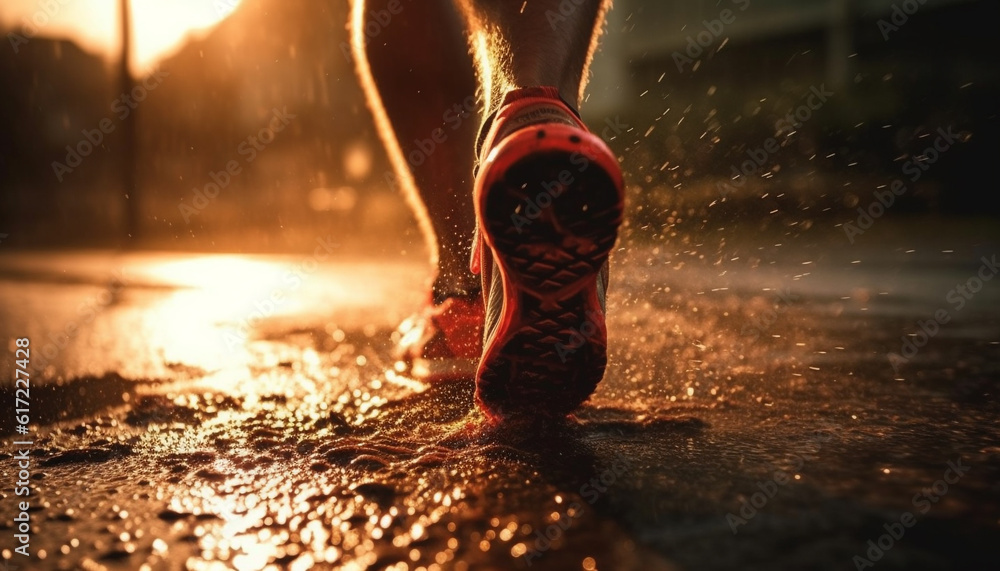 Men jogging outdoors in the rain for healthy lifestyle and vitality generated by AI