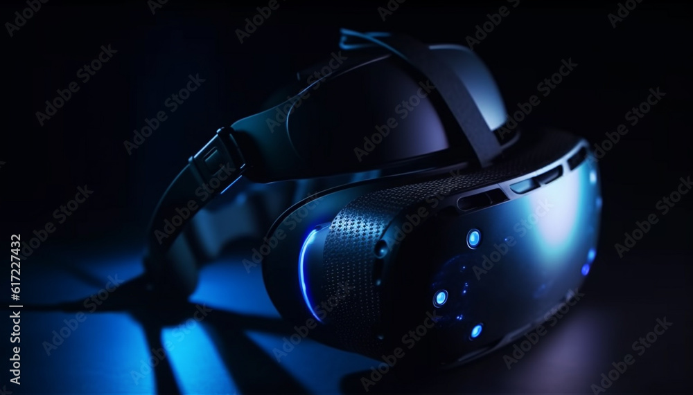 Futuristic headset with blue digital display for virtual reality simulation generated by AI