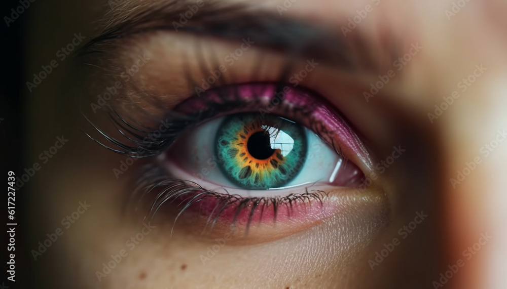 Caucasian woman vibrant green eye staring into camera with contact lens generated by AI