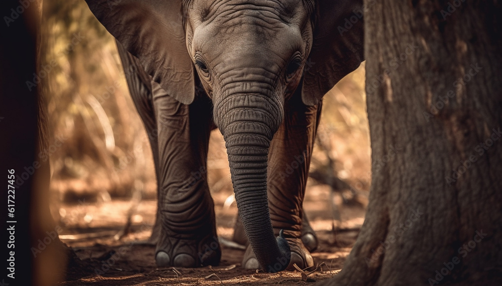 African elephant calf walking in tranquil savannah at sunset generated by AI