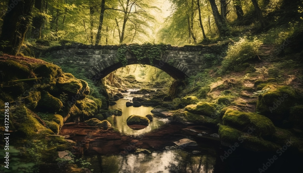 Tranquil scene of reflection in Asturias wilderness, ancient history revealed generated by AI