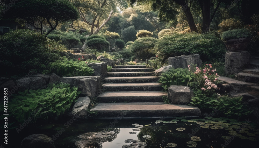 A tranquil scene of a formal garden with stone staircase generated by AI