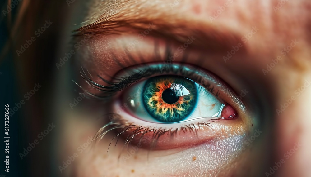 Close up of a Caucasian woman green eye staring outdoors generated by AI