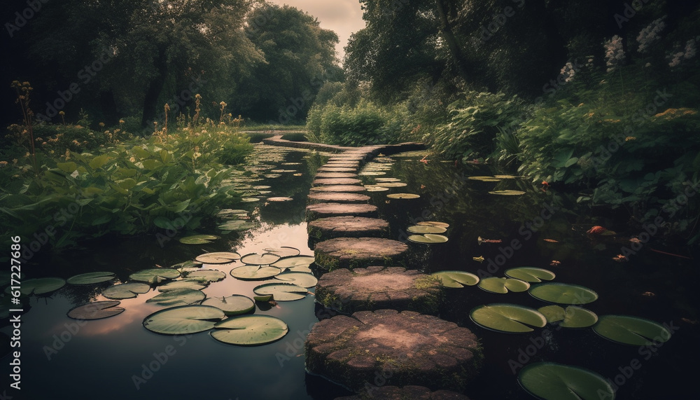 Tranquil scene of lotus water lily in a peaceful pond generated by AI